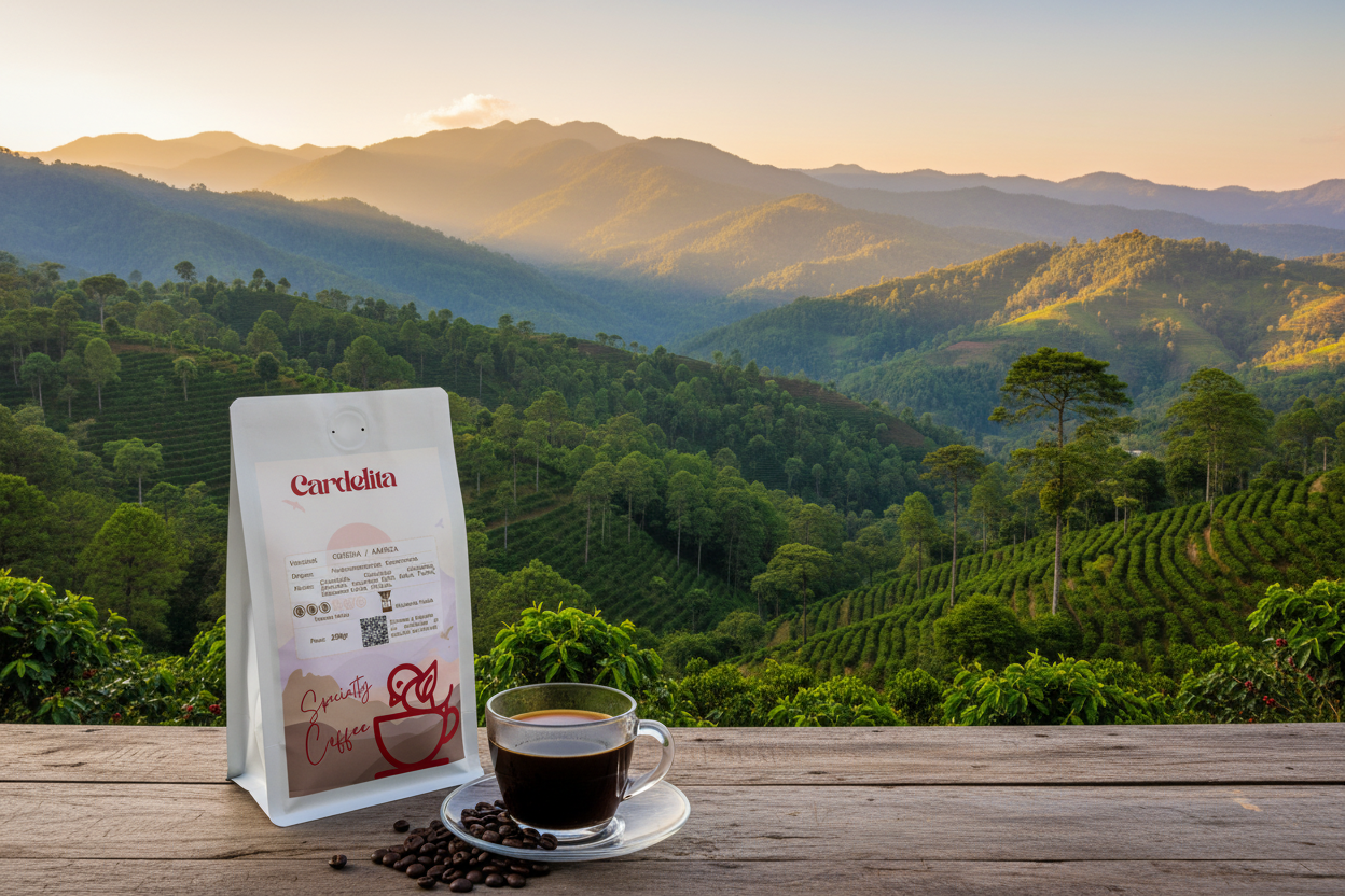 quiero una montaña de arboles huehuetenango, plantas de cafe, con la imgen de mi bolsa de cafe y una taza de cafe de vidrio