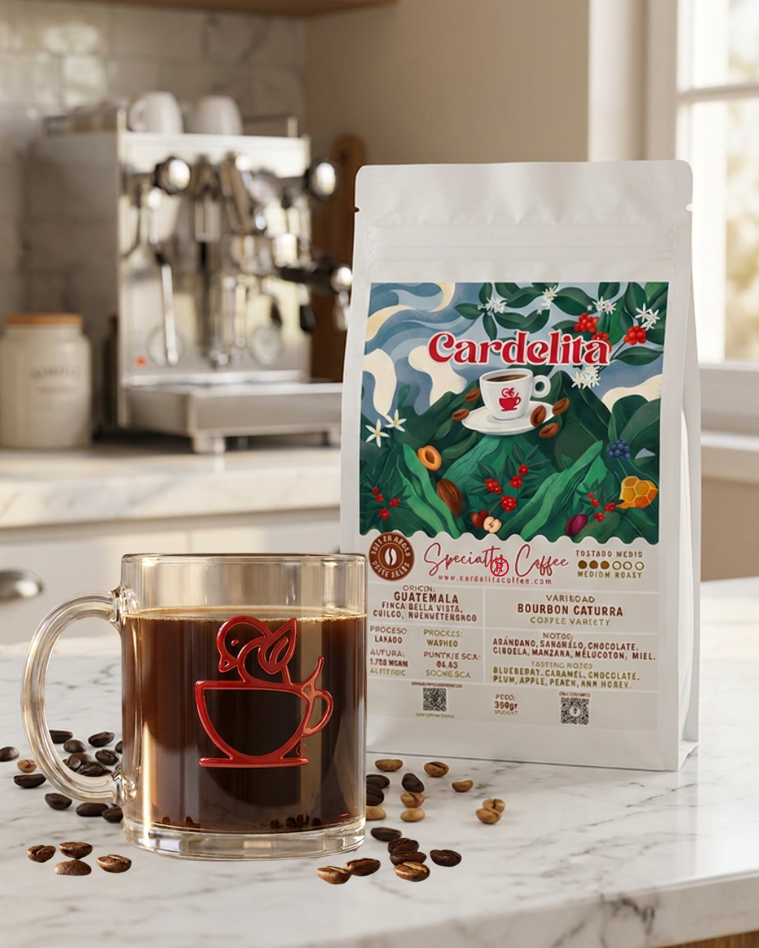 Set de Regalo de Café | Taza de Vidrio + Café en grano Bourbon Caturra 350 g