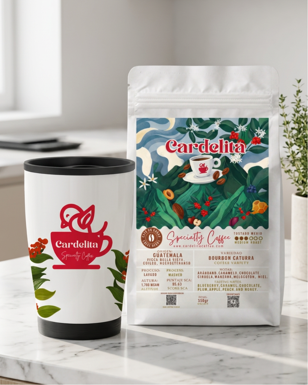 Set de Regalo Café de Especialidad Bourbon Caturra 350 g + Taza de Viaje de Aluminio con Tapadera de 14 oz | Cardelita Coffee