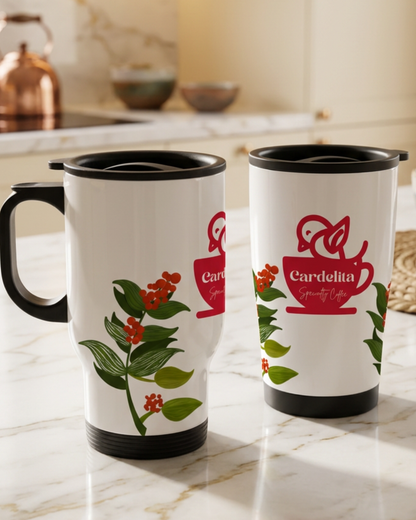 Set de Regalo Café de Especialidad Bourbon Caturra 350 g + Taza de Viaje de Aluminio con Tapadera de 14 oz | Cardelita Coffee